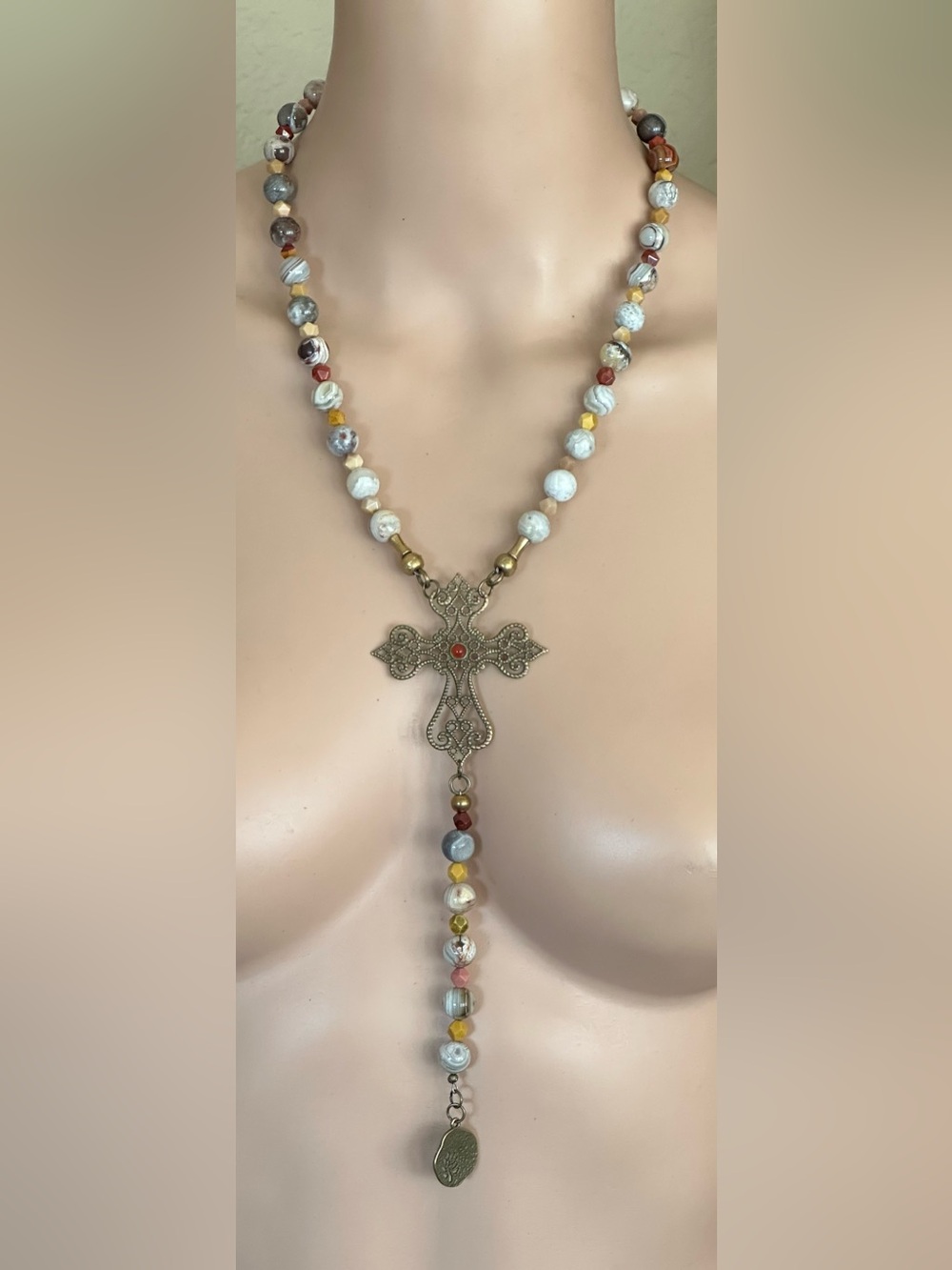 34 inch Bronze Cross bead necklace NWOT